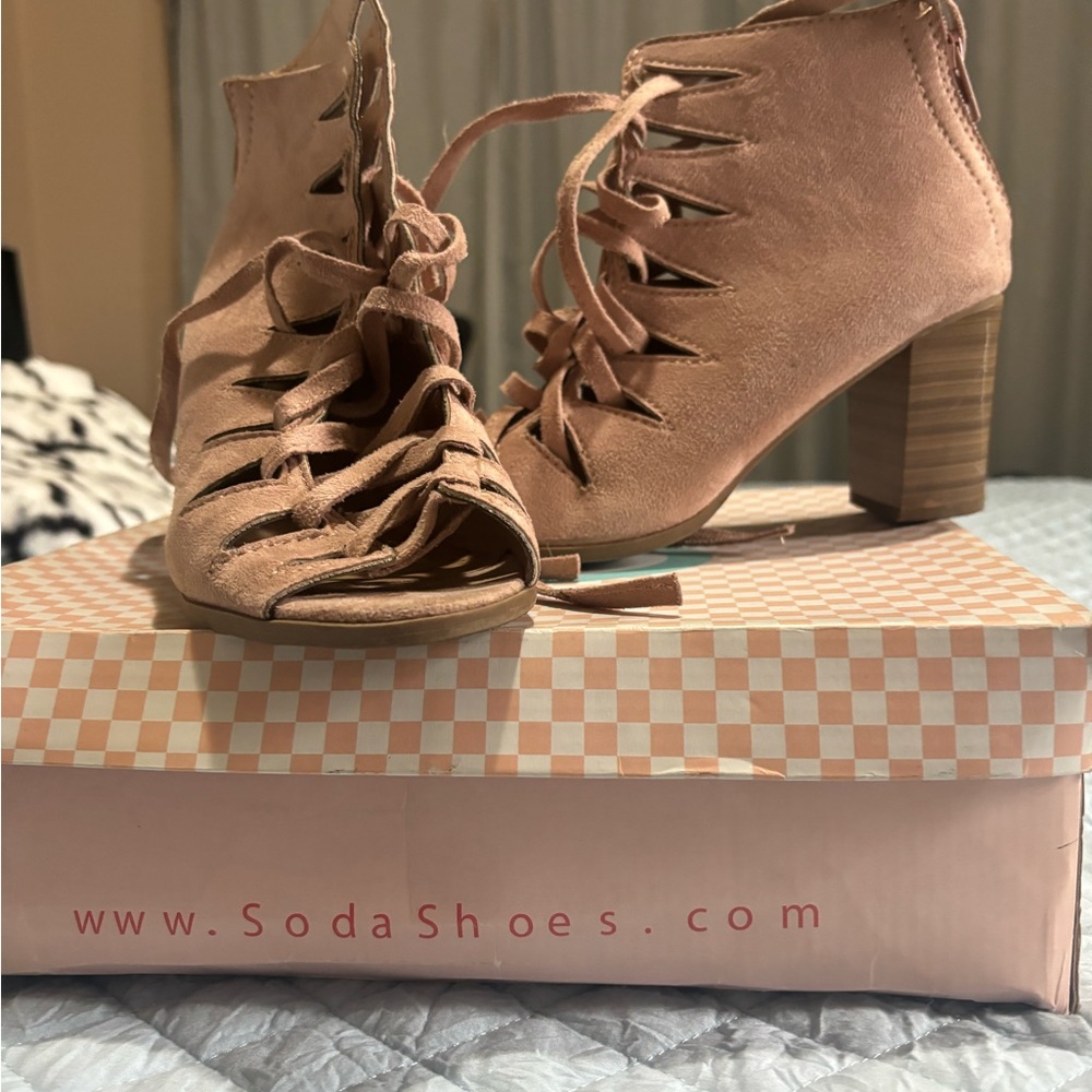 Soda Women's Tan Lace-Up Heeled Sandals